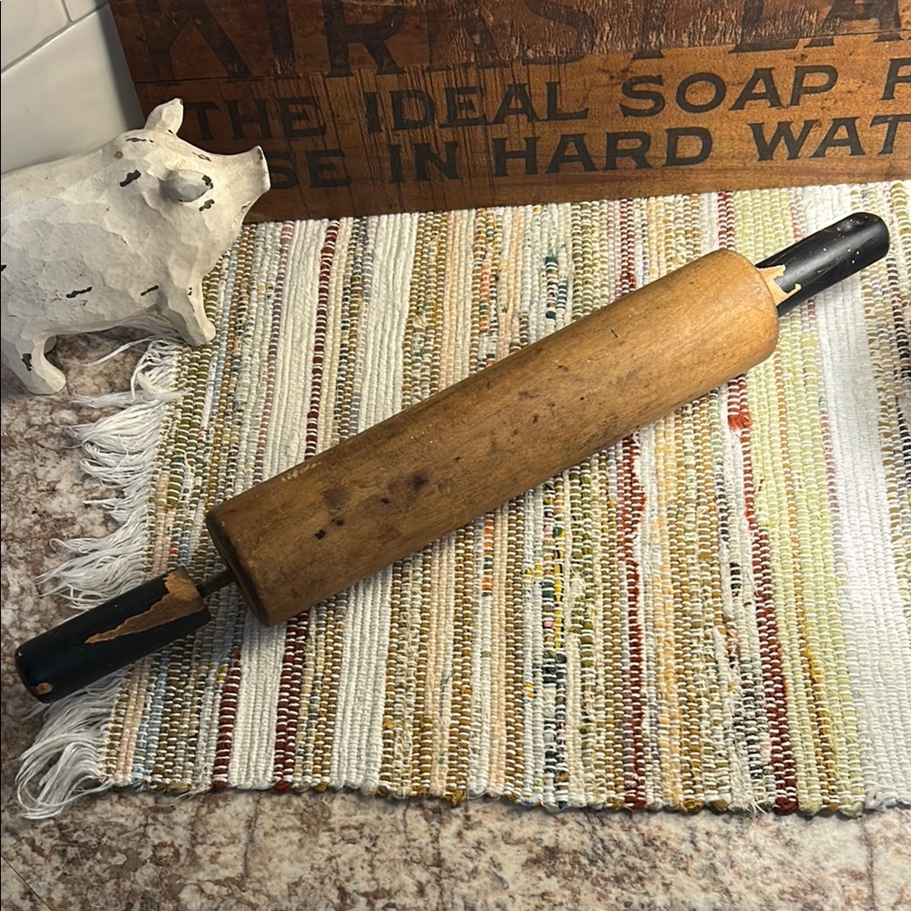 Vintage Wooden Rolling Pin with Black Handles